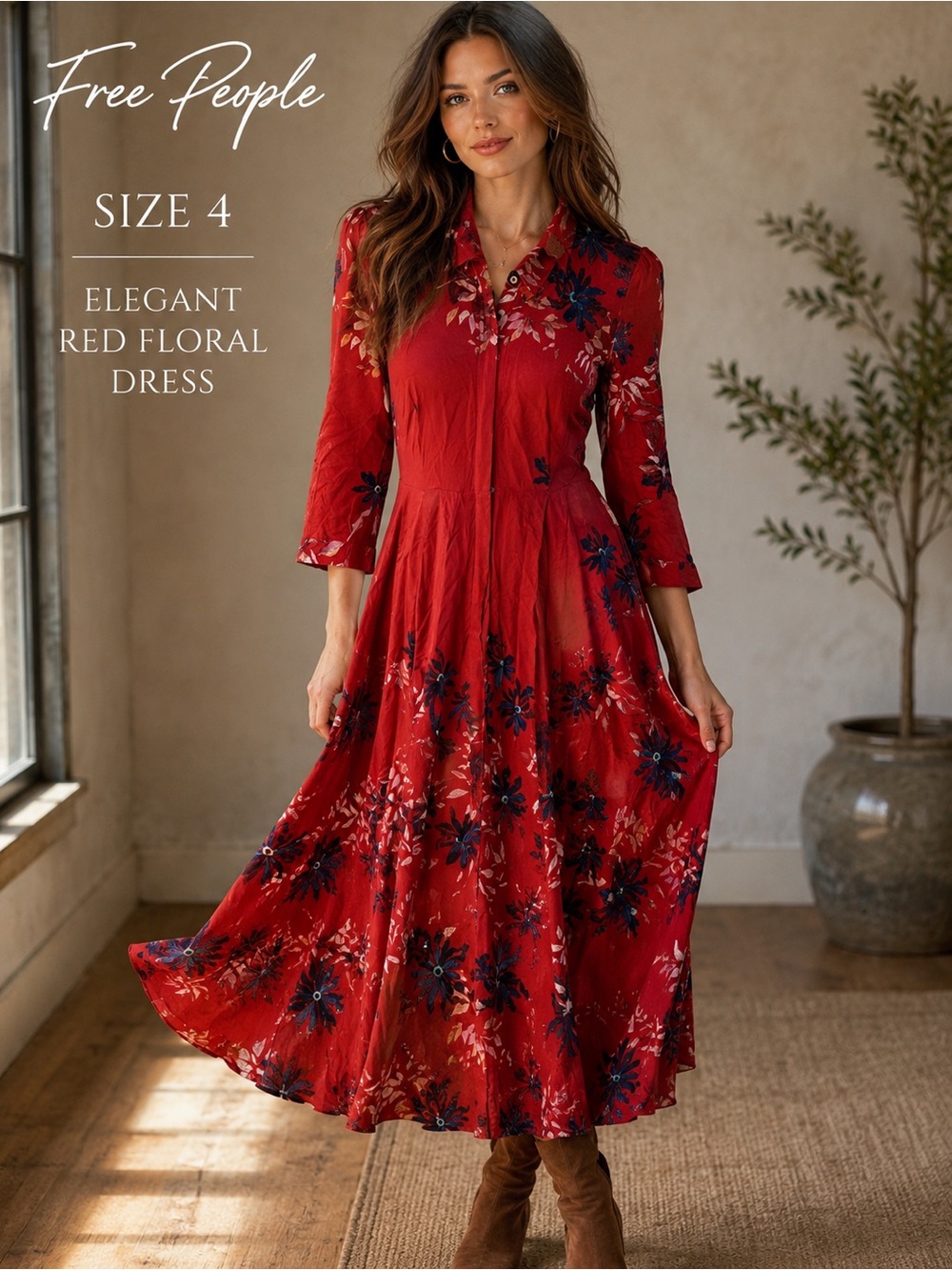 Free People Red Floral Button Front Midi Dress Size 4 Boho